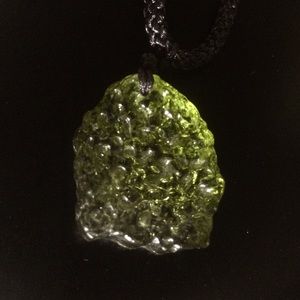 Moldavite (faux?) pendant on braided cord necklace